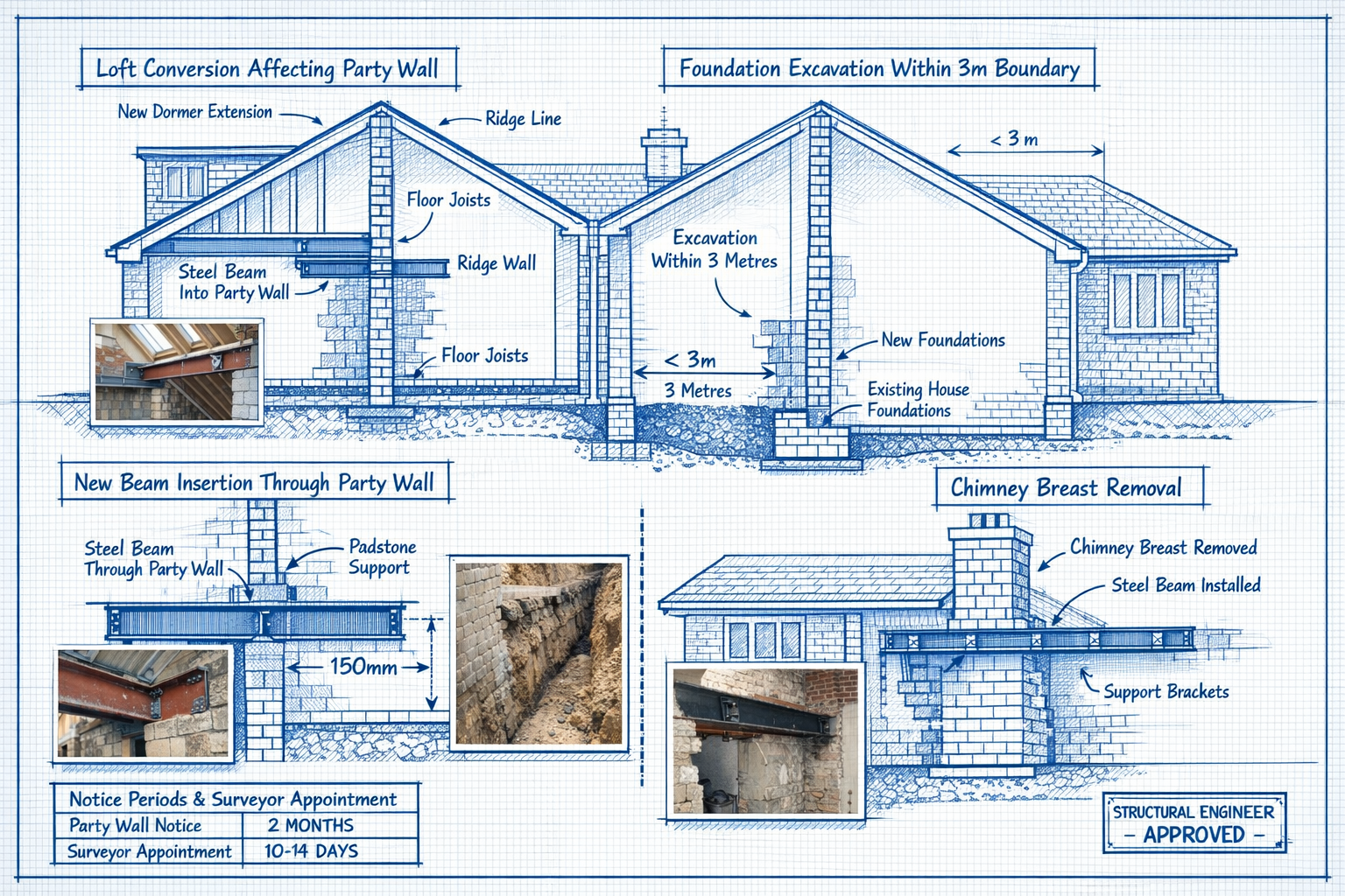Detailed () technical illustration showing cross-section architectural diagram of typical rental property party wall