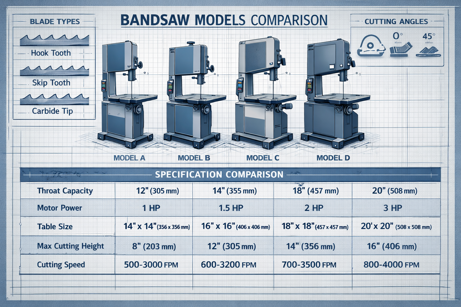 Professional editorial infographic showcasing different bandsaw models with detailed technical specification comparison