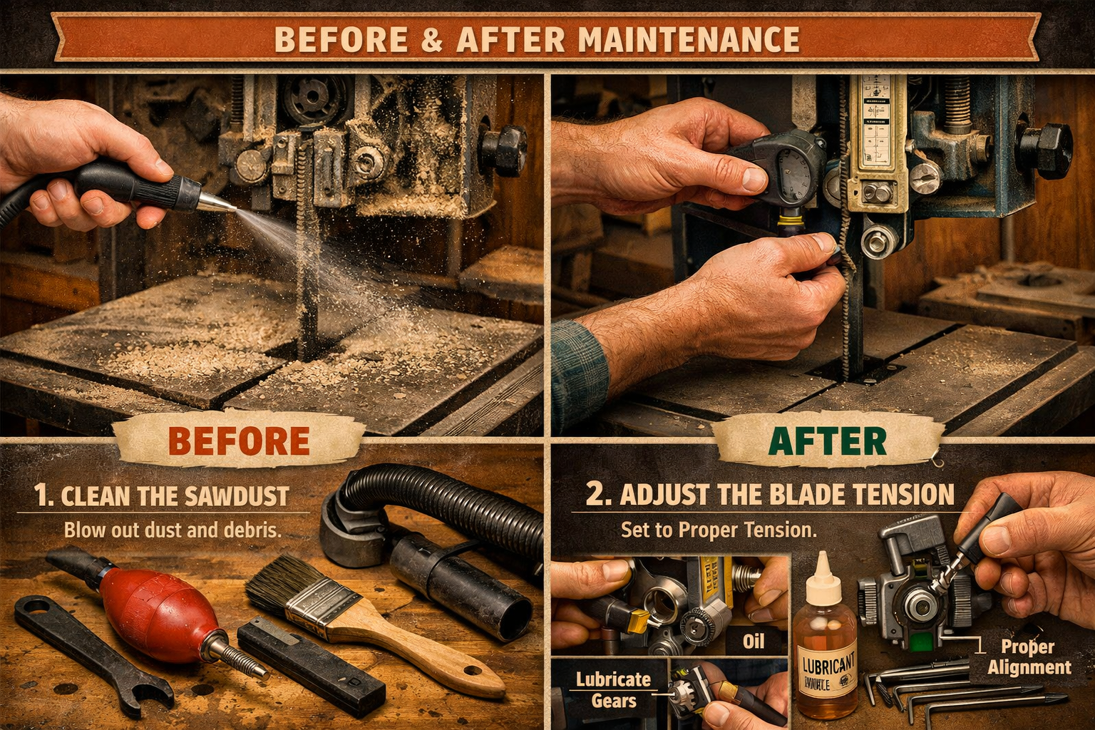 Workshop maintenance scene demonstrating proper bandsaw cleaning and blade tension techniques, featuring close-up hands