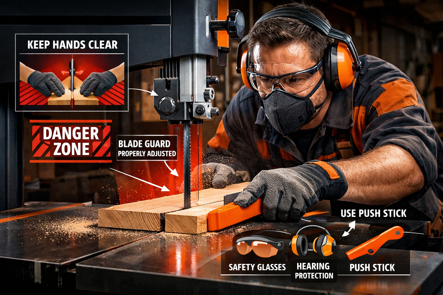 Safety-focused woodworking scene illustrating essential bandsaw cutting techniques and protective equipment, featuring