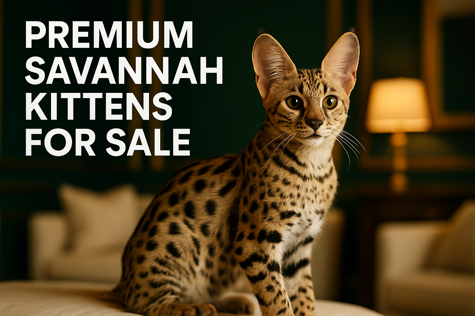 Professional landscape hero image (1536x1024) featuring bold text overlay 'Premium Savannah Kittens for Sale' in extra large 72pt white sans
