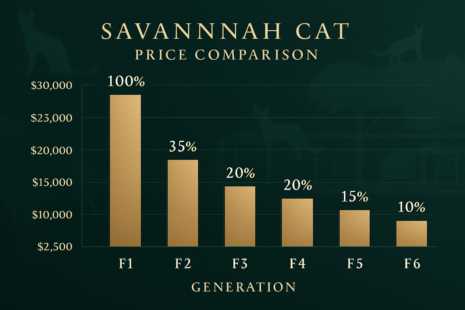Professional landscape image (1536x1024) showing interactive pricing comparison chart for Savannah cat generations F1 through F6, with elega