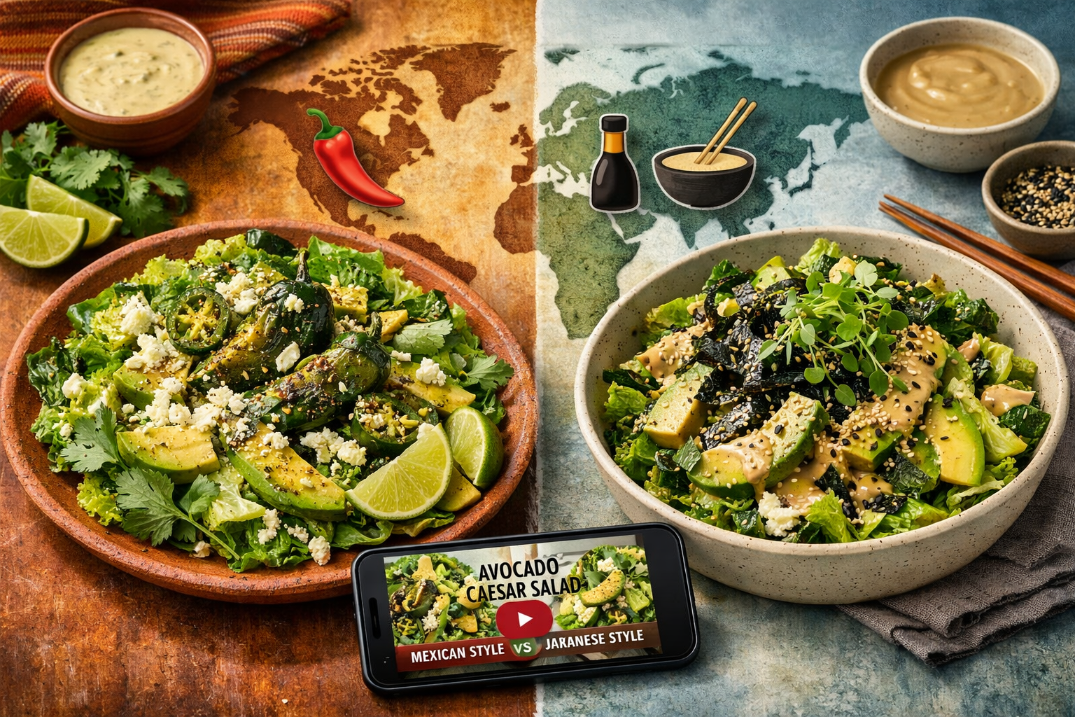 Detailed () editorial image showing a dynamic side-by-side split composition: on the left, a rustic Mexican-style avocado
