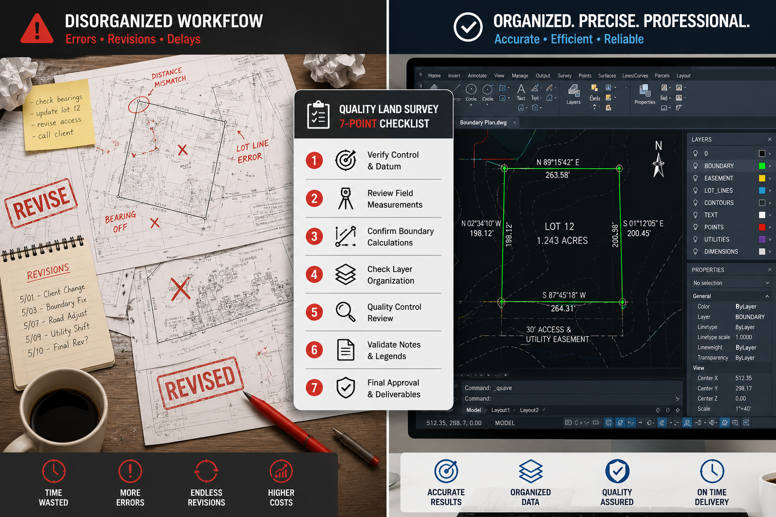() infographic-style illustration showing a split-screen comparison: left side displays a disorganized drafting workflow