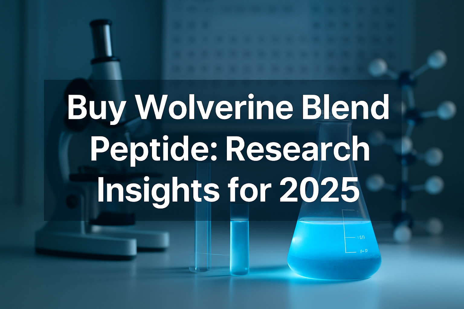 Professional landscape hero image (1536x1024) with bold text overlay: 'Buy Wolverine Blend Peptide: Research Insights for 2025', modern sans
