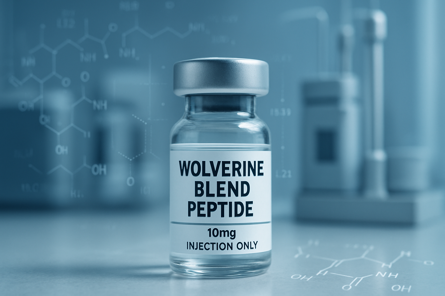 A close-up, high-detail image of a scientific glass vial labeled 'Wolverine Blend Peptide' with a clear liquid inside, resting on a sterile 