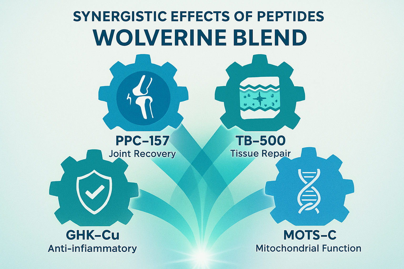 An illustrative infographic depicting the synergistic effects of various peptides that might constitute a 'wolverine blend,' represented by 