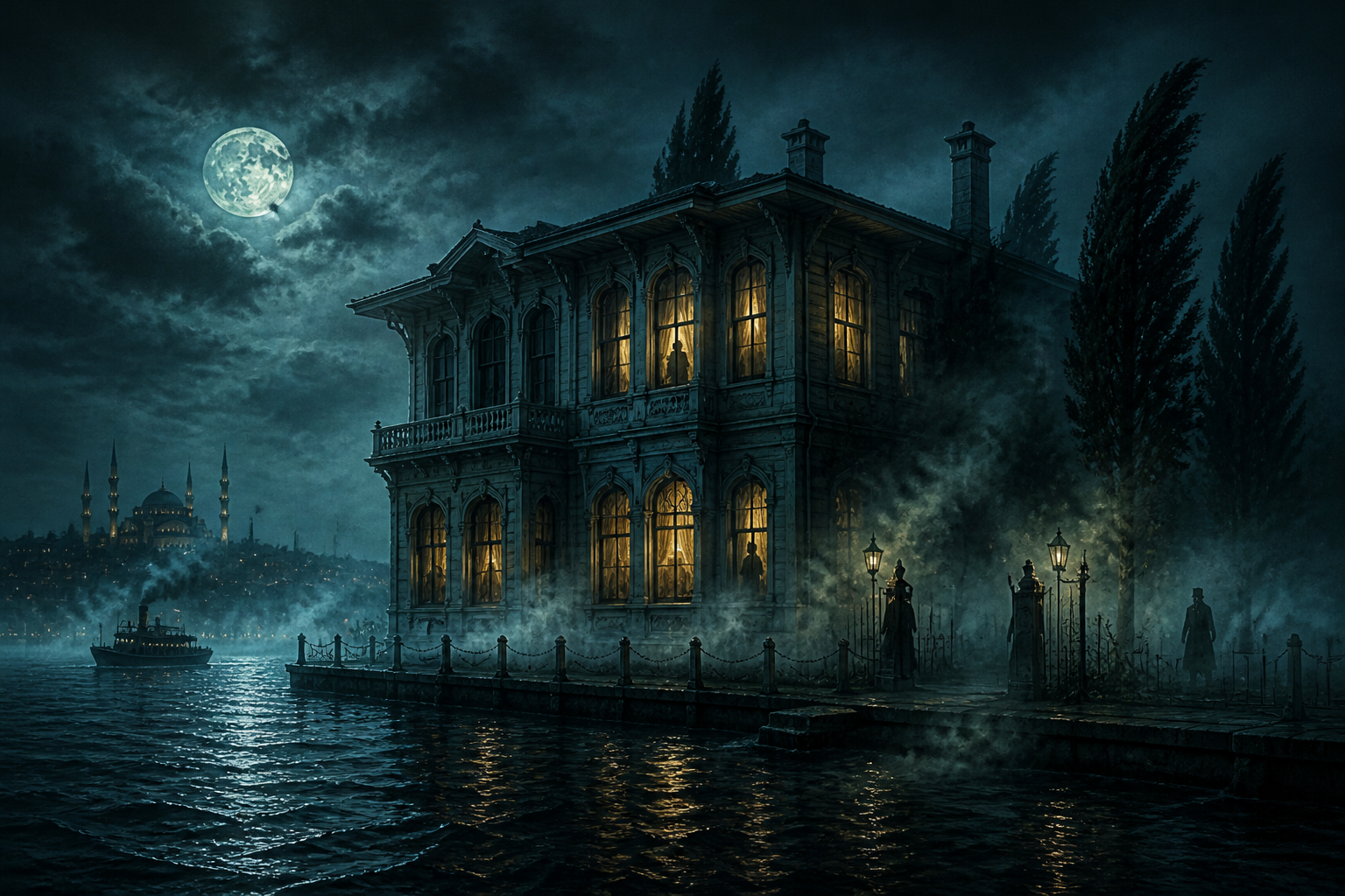 Atmospheric () editorial illustration showing a fog-shrouded Ottoman mansion on the Bosphorus waterfront at night, Cemil
