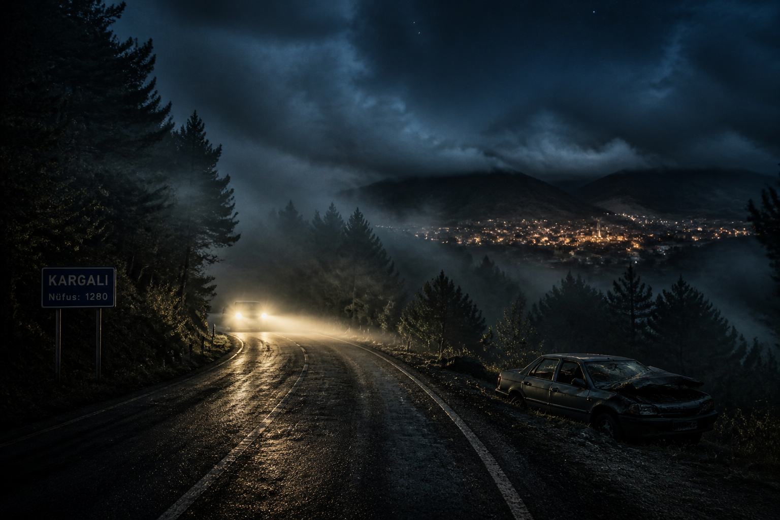 Wide () dramatic scene of a desolate Turkish mountain road at night near Kargalı, headlights cutting through thick fog,