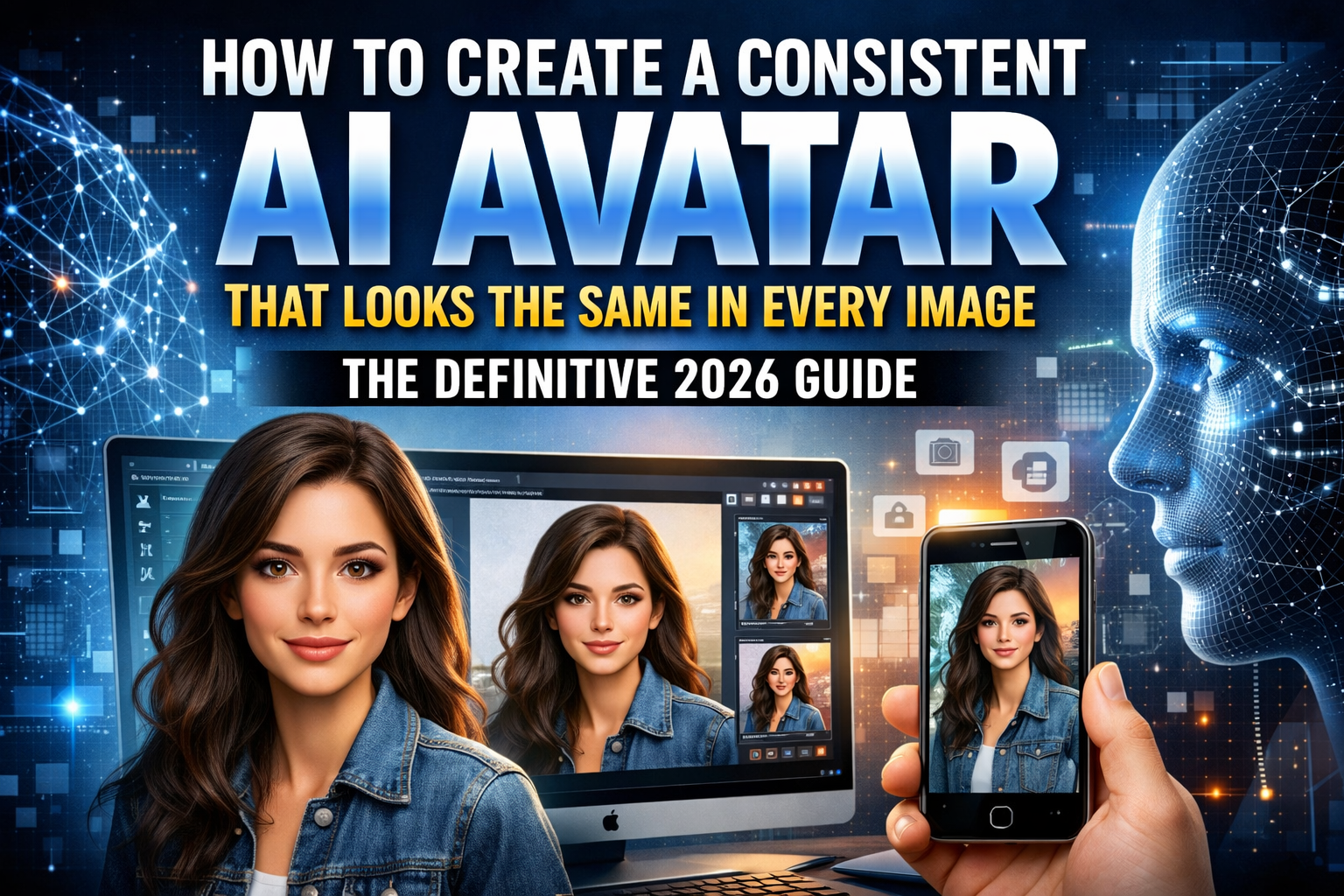 Professional landscape hero image () with : "How to Create a Consistent AI Avatar That Looks the Same in Every Image — The