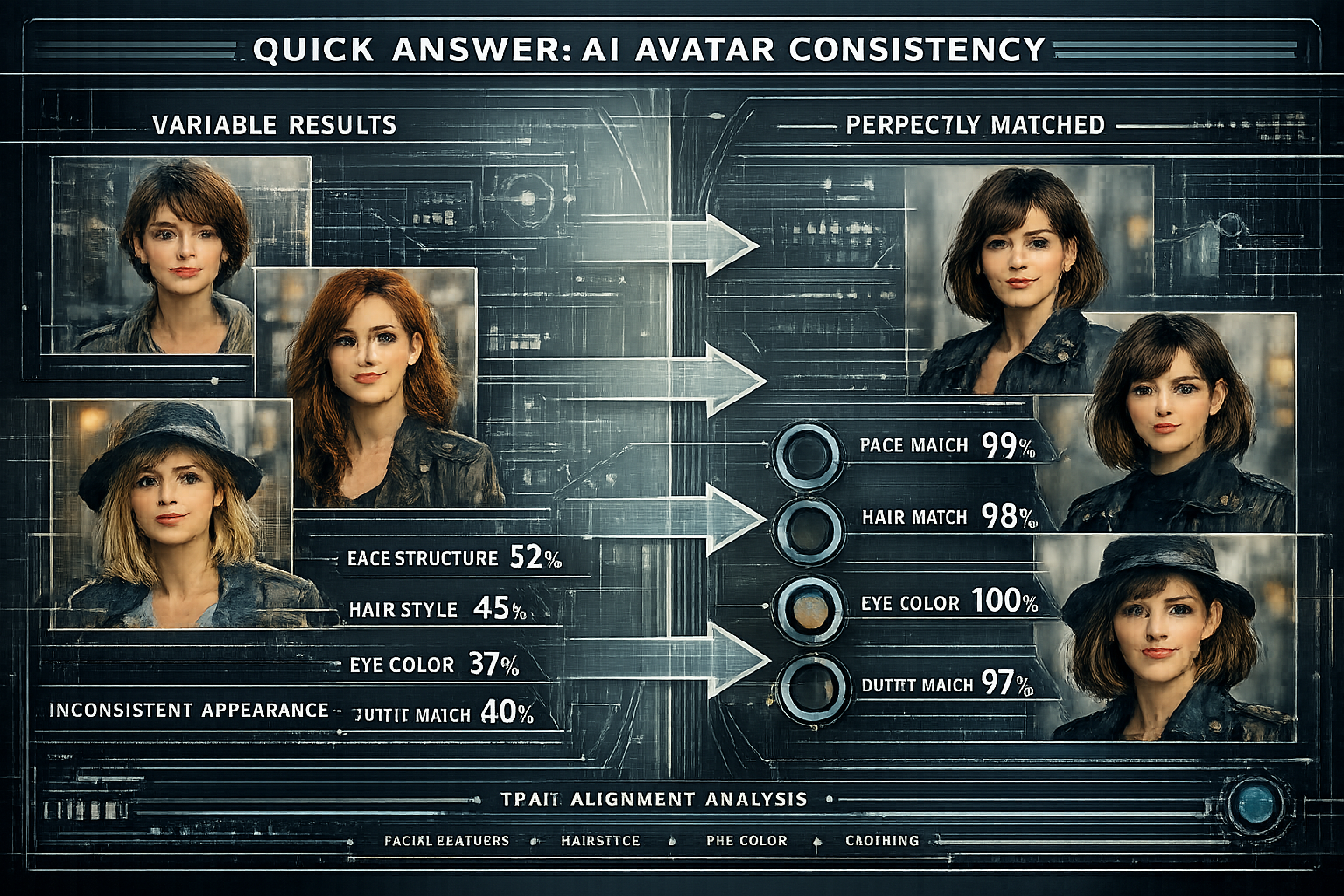 Cinematic editorial-style infographic visualizing 'Quick Answer' section about AI avatar consistency, featuring a