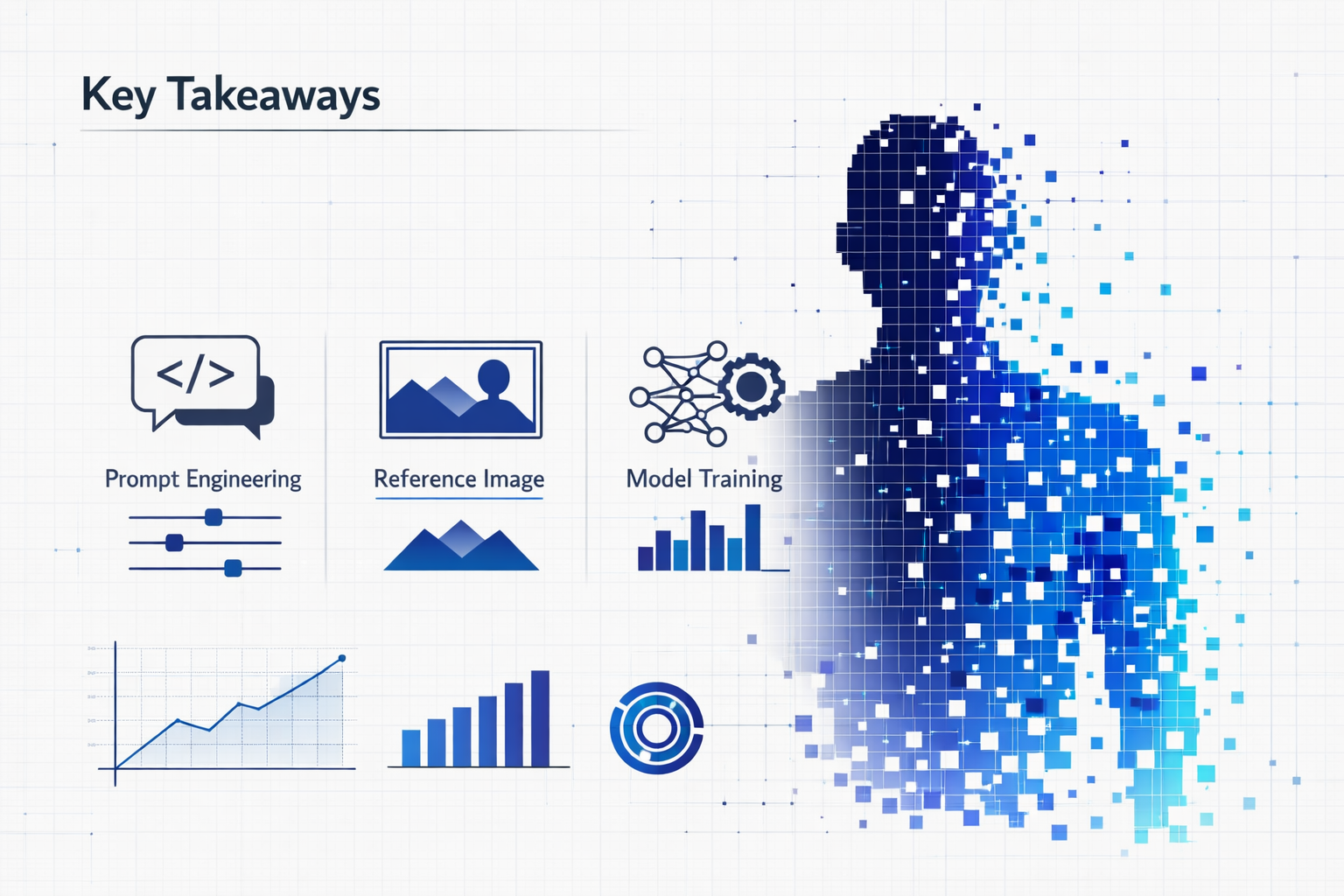 Minimalist editorial design showing 'Key Takeaways' section with abstract geometric representation of consistent AI