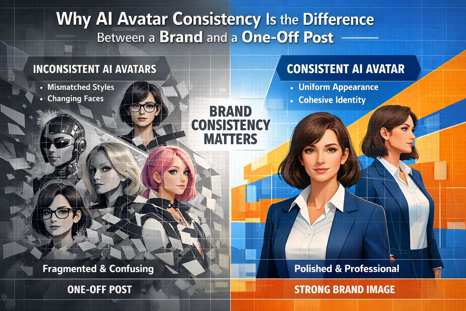 Conceptual brand identity visualization for 'Why AI Avatar Consistency Is the Difference Between a Brand and a One-Off