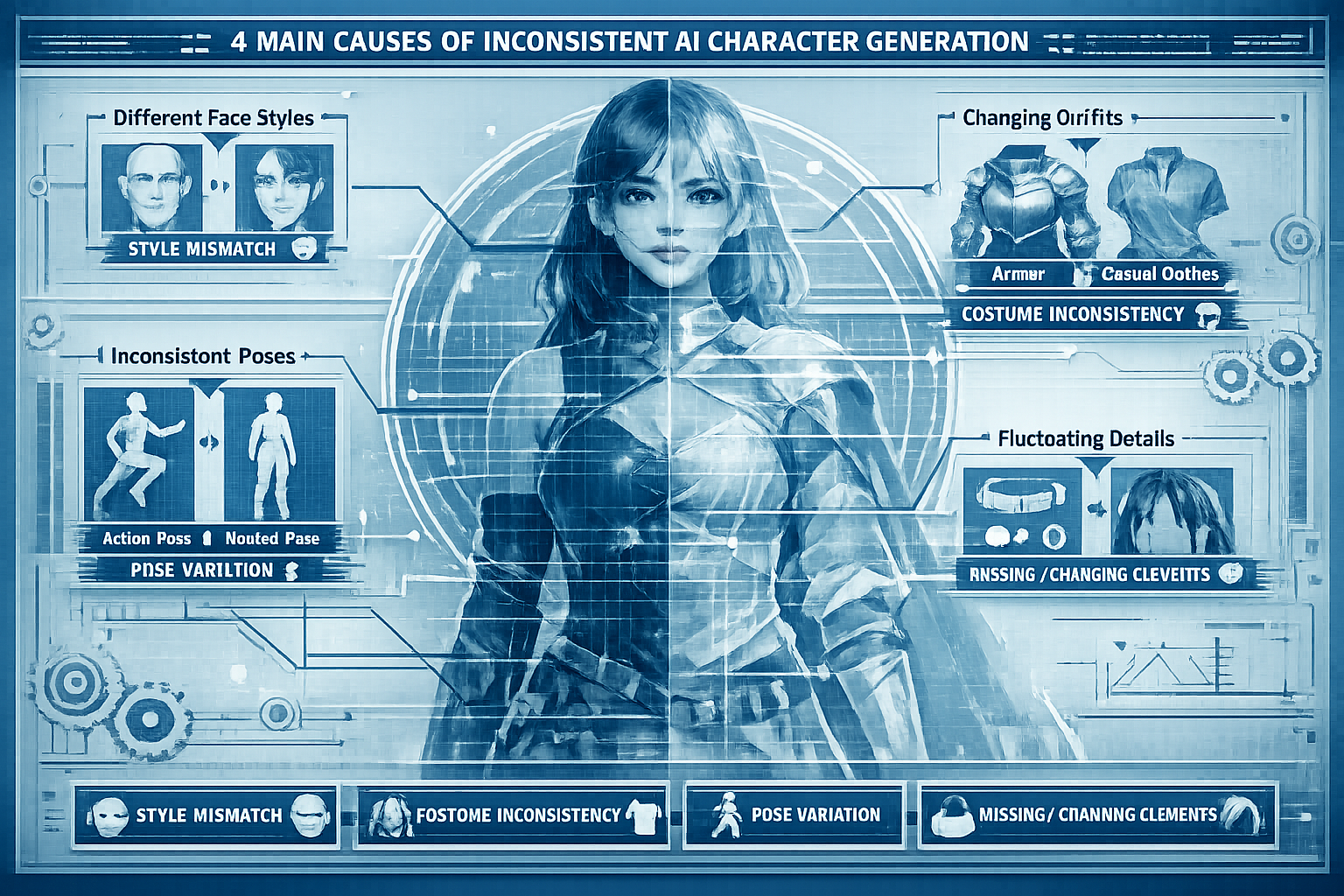 Technical diagnostic illustration for '4 Main Causes of Inconsistent AI Character Generation', featuring