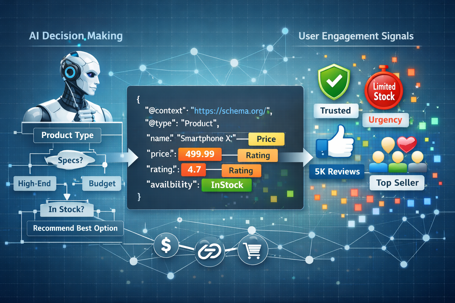 Detailed landscape format (1536x1024) illustration showing structured data schema markup visualization for AI agent optimization. Center dis