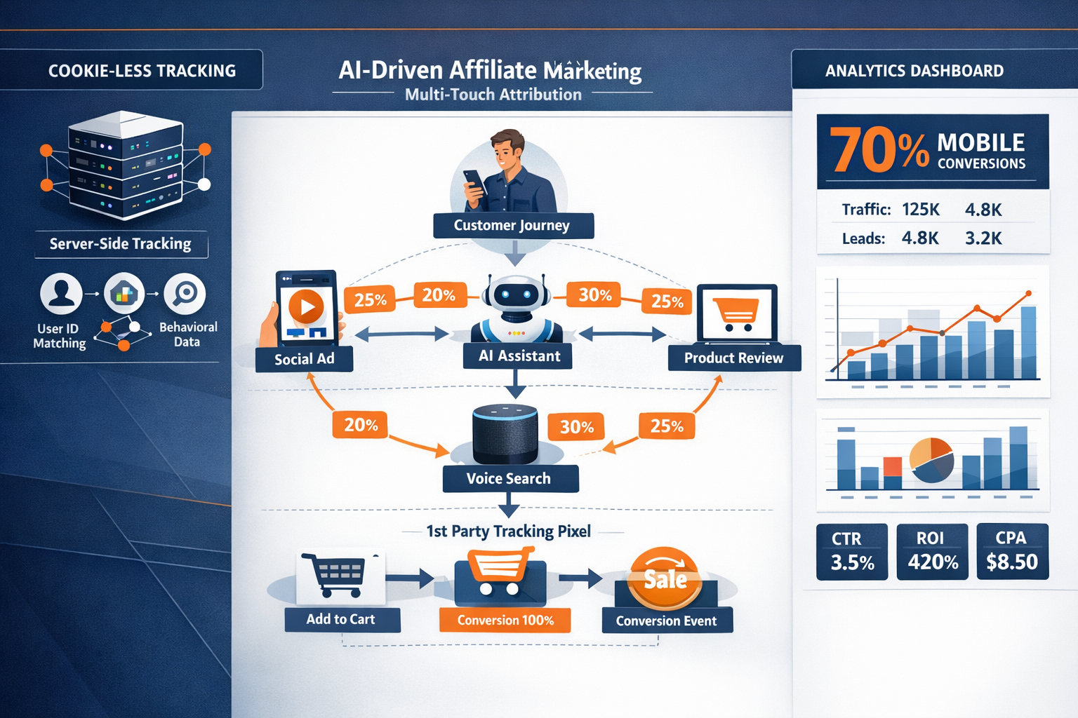 Detailed landscape format (1536x1024) conceptual illustration of multi-touch attribution in AI-driven affiliate marketing. Center shows cust