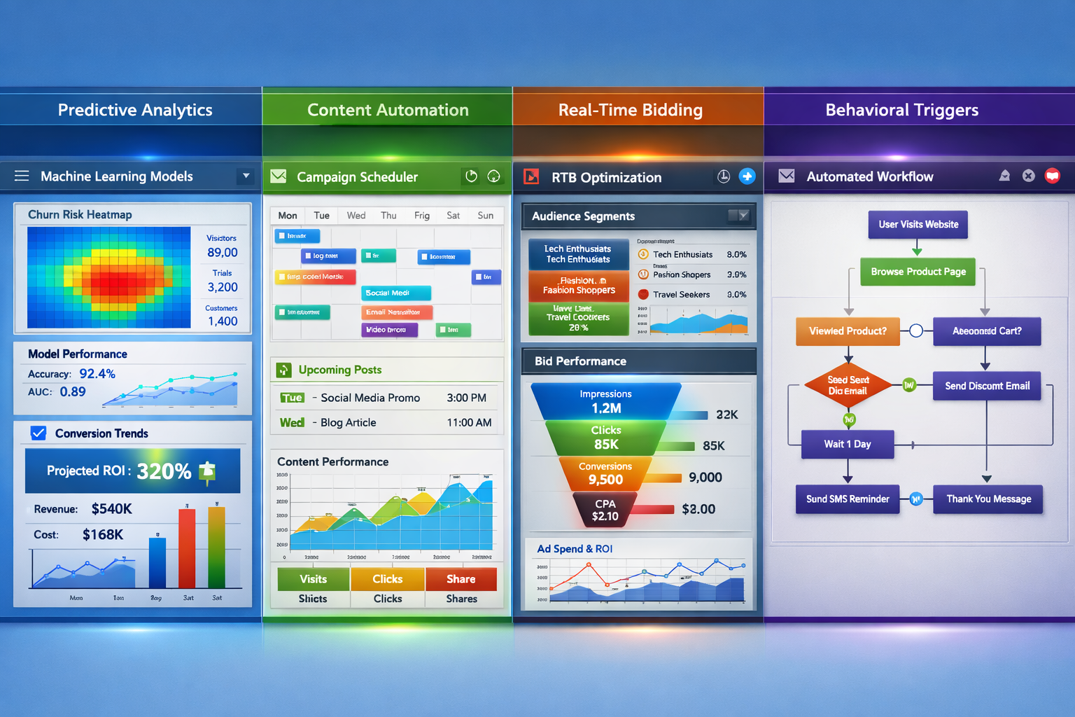 () comprehensive visual comparison showing four distinct AI tool interfaces side-by-side: predictive analytics platform with