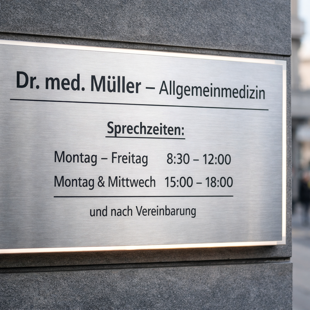 () showing a close-up of a professional Praxisschild mounted on a modern medical practice exterior wall in Germany. The sign