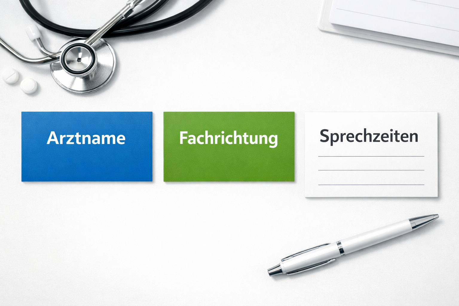 () depicting a flat-lay infographic style image showing three mandatory sign elements: Arztname, Fachrichtung, and