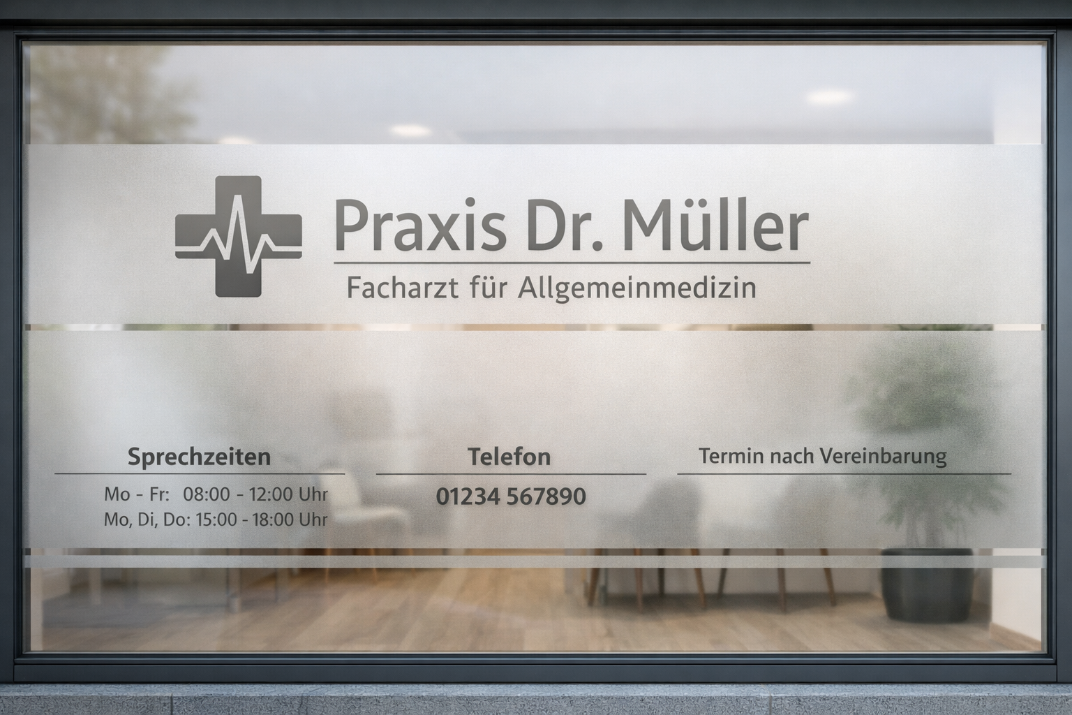 () showing a German medical practice window with professional Schaufensterbeklebung – frosted vinyl film with etched-glass