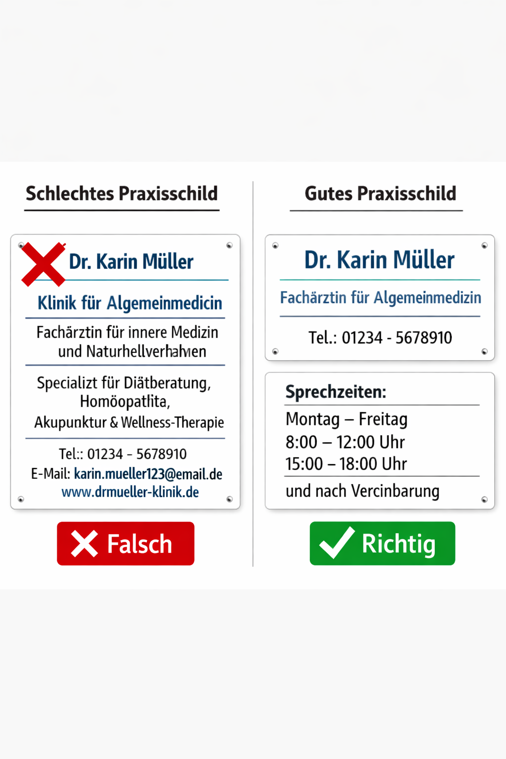 () showing a side-by-side comparison layout: left side shows a poorly designed Praxisschild with cluttered text, wrong