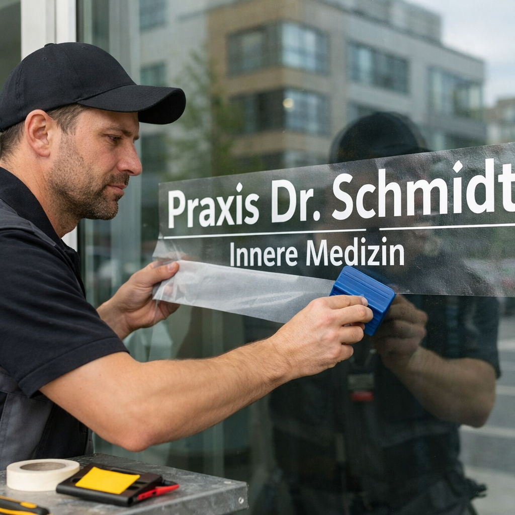 () showing a professional Werbetechniker in work clothing carefully applying vinyl lettering to a medical practice glass
