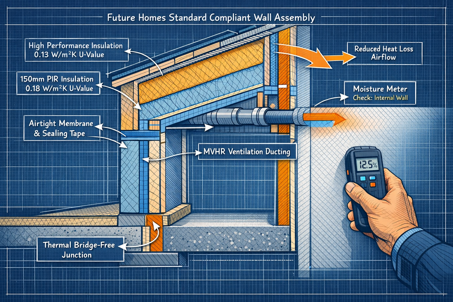 () detailed technical illustration showing cross-section cutaway view of Future Homes Standard compliant new build wall