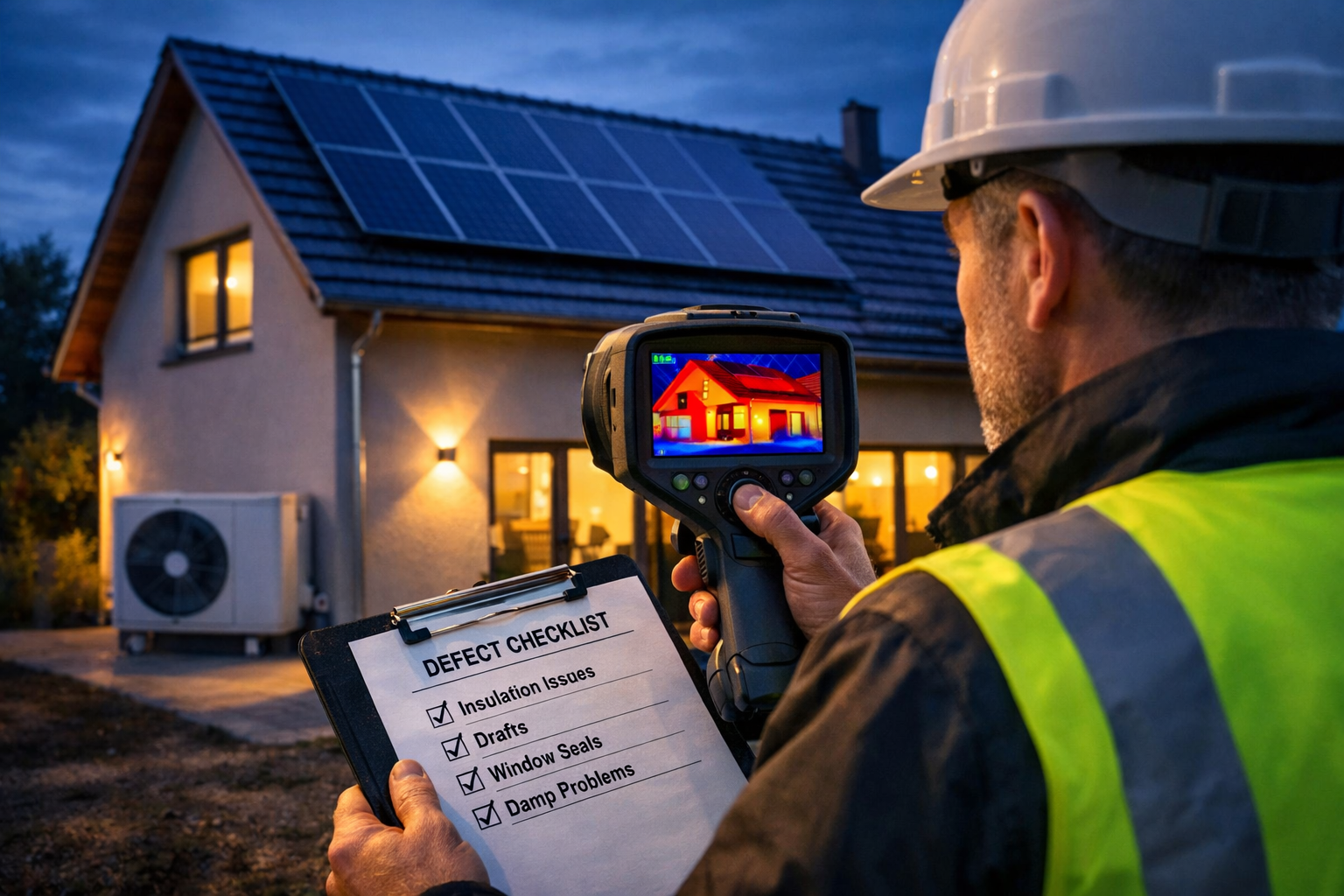() photograph of professional building surveyor conducting thermal imaging inspection on new build property exterior at
