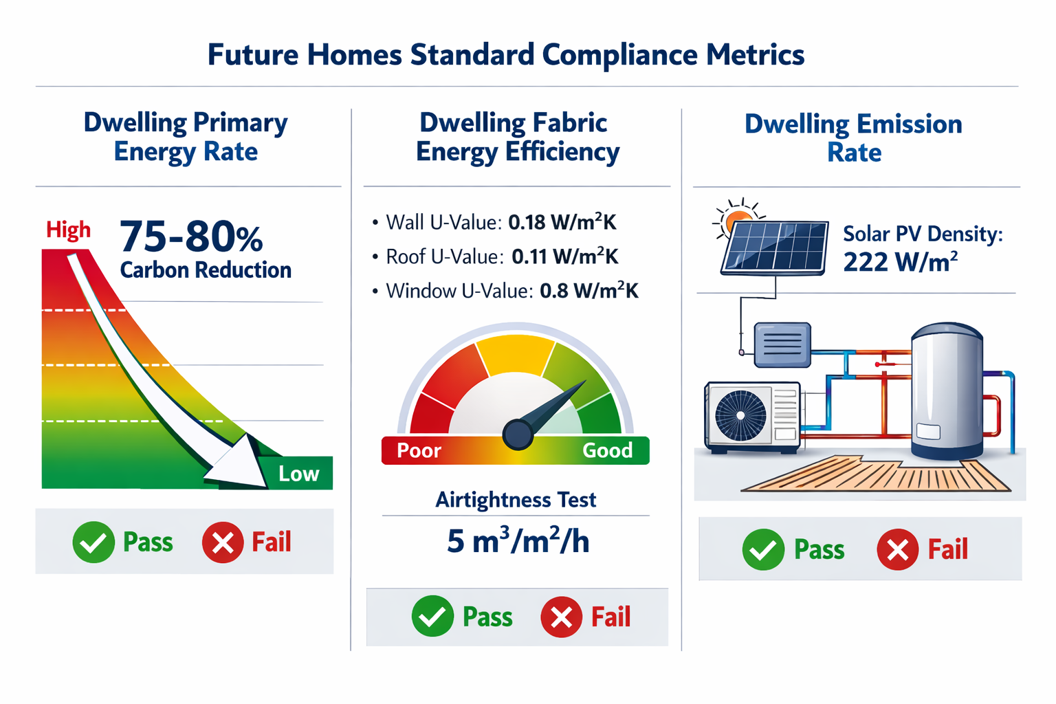 () detailed infographic-style composite image showing three-column comparison layout of Future Homes Standard compliance