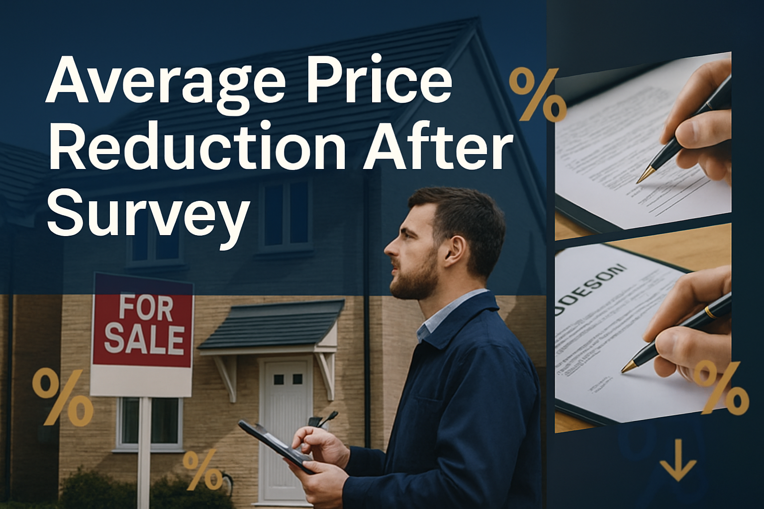 Professional landscape hero image (1536x1024) featuring bold text overlay 'Average Price Reduction After Survey' in extra large 72pt white s