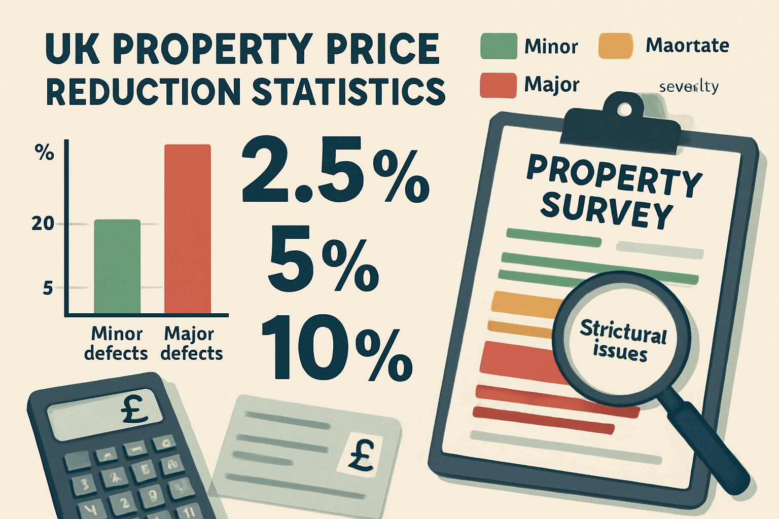 Detailed infographic-style landscape image (1536x1024) showing UK property price reduction statistics with large percentage figures (2.5%, 5