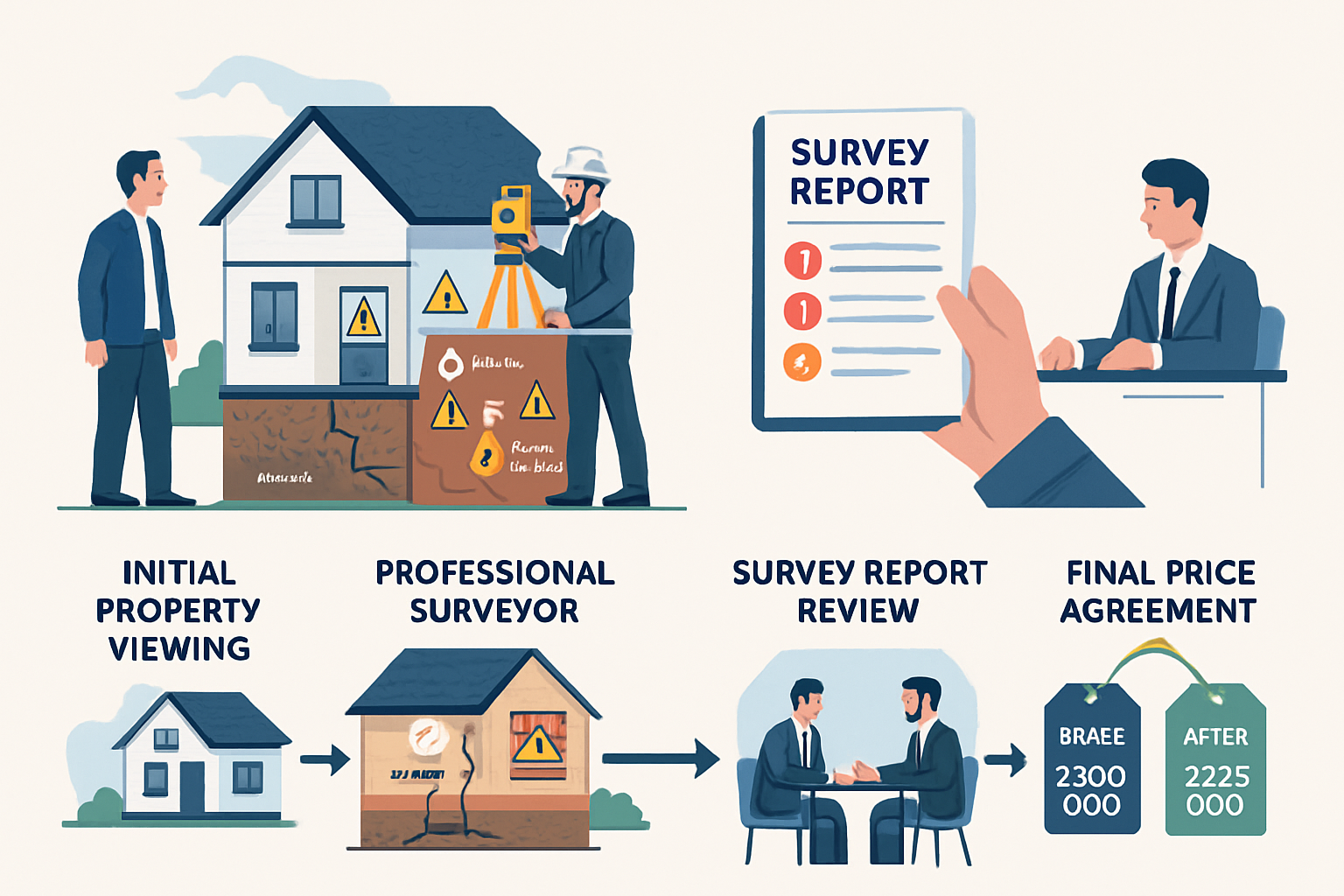 Comprehensive landscape illustration (1536x1024) depicting the complete survey-to-negotiation process as a timeline infographic. Shows five