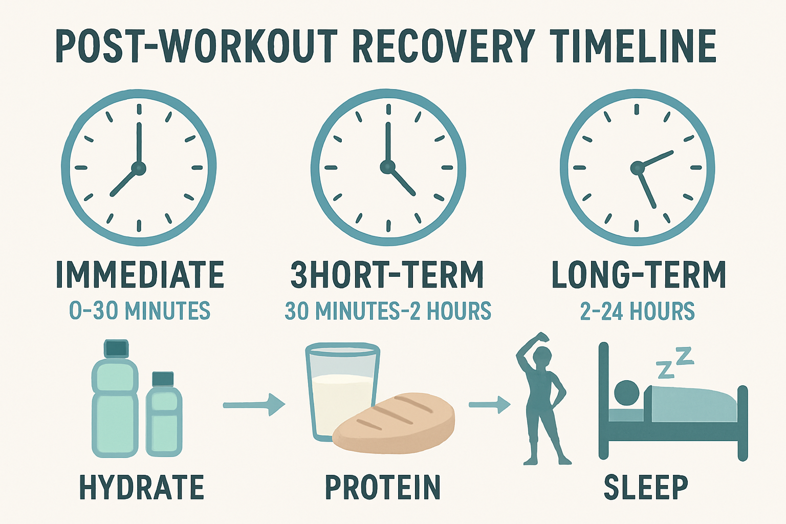 Detailed infographic showing post-workout recovery timeline with clock icons and recovery stages: immediate (0-30 minutes), short-term (30 m