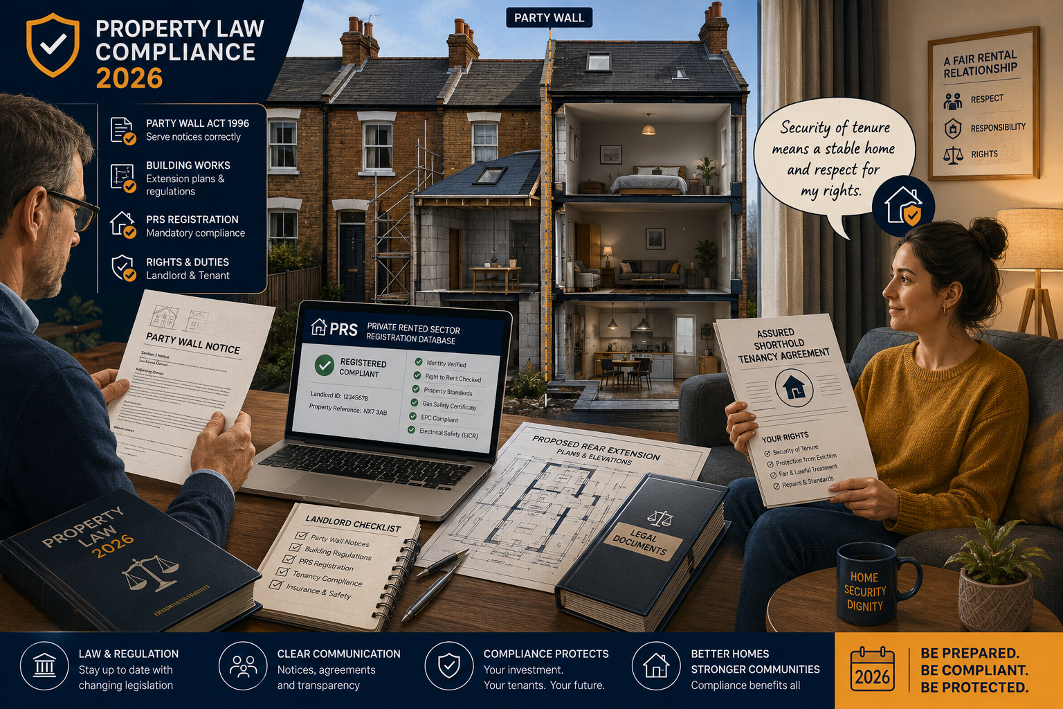 Detailed () infographic-style illustration showing a split-scene: left side depicts a landlord reviewing party wall notices