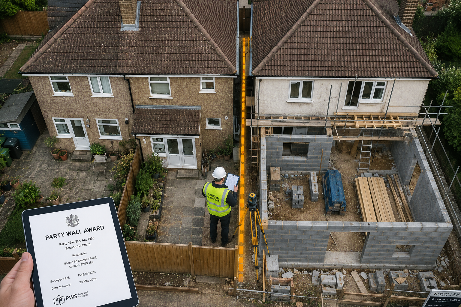 () overhead aerial perspective of a UK residential street showing two semi-detached houses, one with a rear extension being
