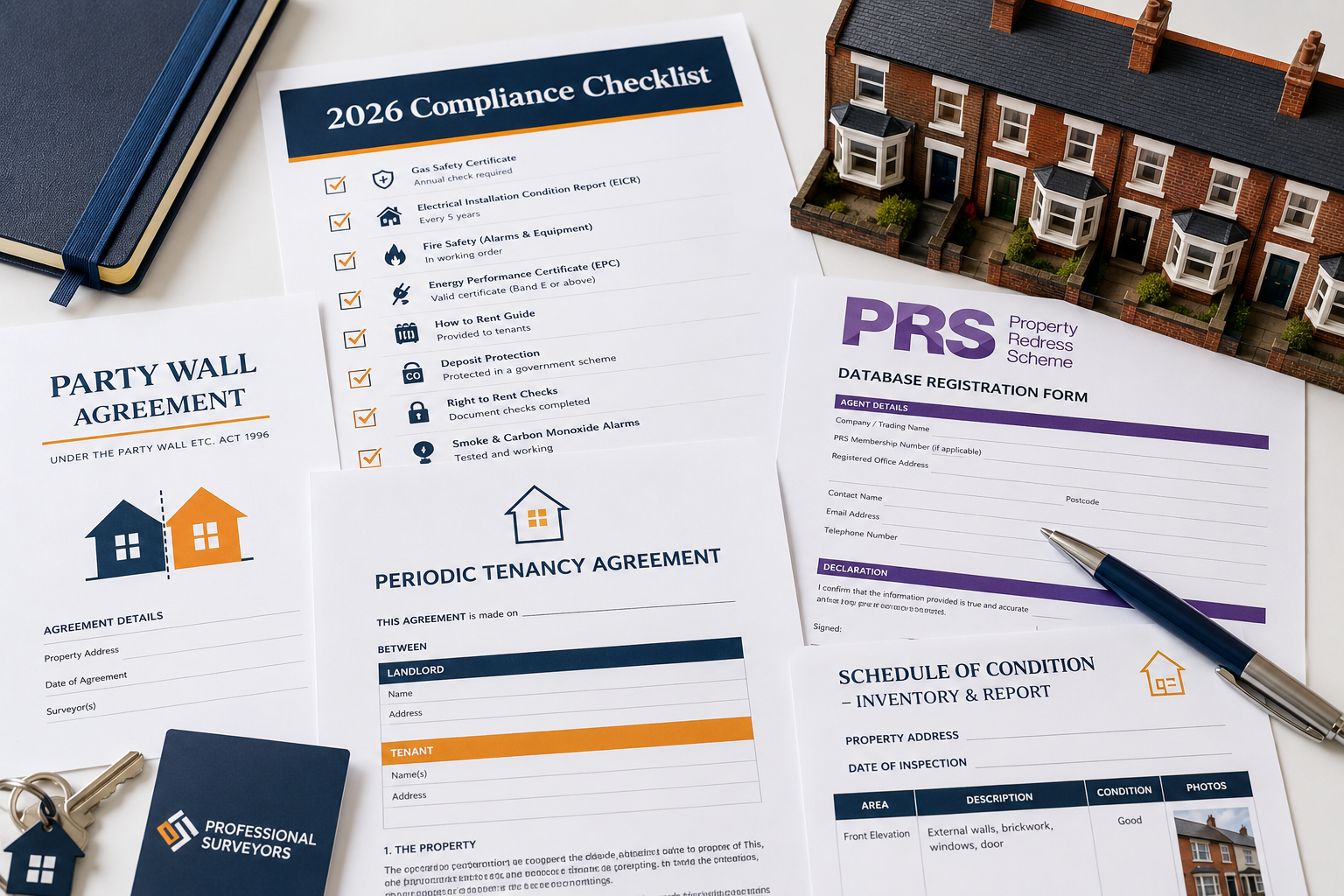 () close-up flat-lay composition on a white desk: party wall agreement documents, a PRS database registration form, a