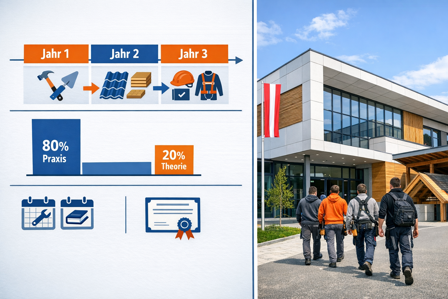 no text on the images. Detailed landscape format (1536x1024) image showing comprehensive infographic of Austrian apprenticeship system for r
