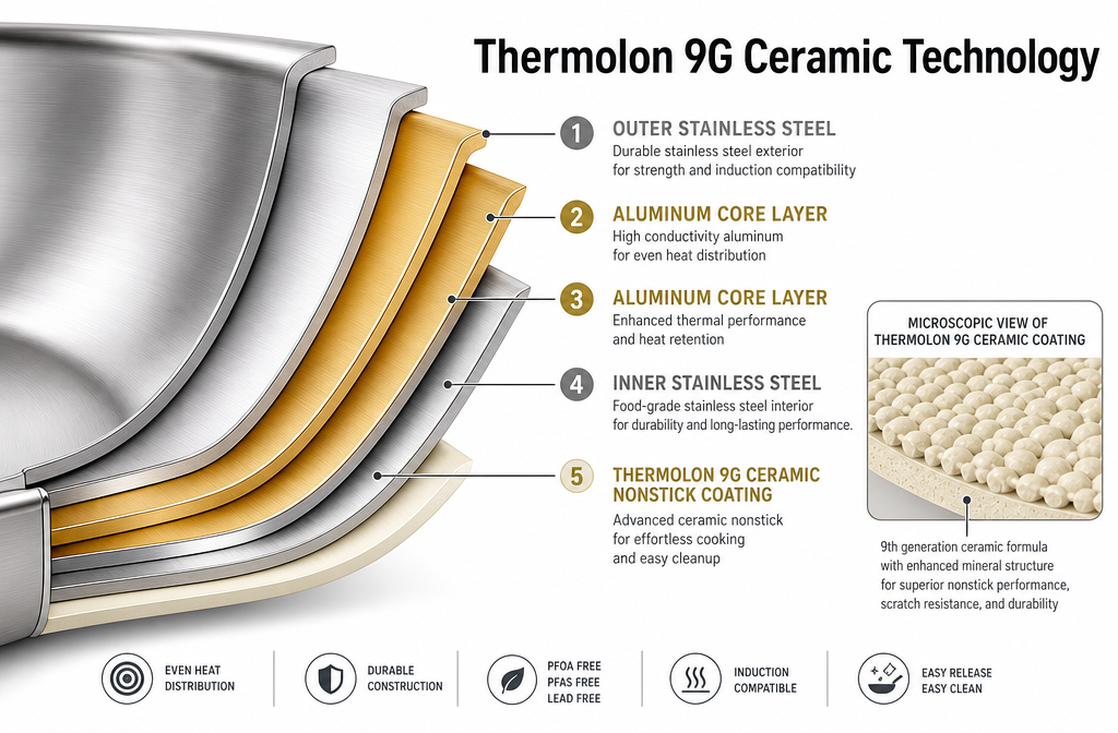 Landscape format (1536x1024) close-up cross-section diagram illustration of 5-ply stainless steel cookware construction showing distinct metallic layers labeled: outer stainless steel, aluminum core layers, and inner stainless steel with ceramic nonstick coating. Scientific infographic style with clean white background, color-coded layer bands in silver, gold, and cream tones. Small inset shows microscopic ceramic coating texture. Text overlay reads 'Thermolon 9G Ceramic Technology' in bold dark sans-serif. Technical, authoritative, educational visual style. What Materials Are Used to Make These Pots and Pans?