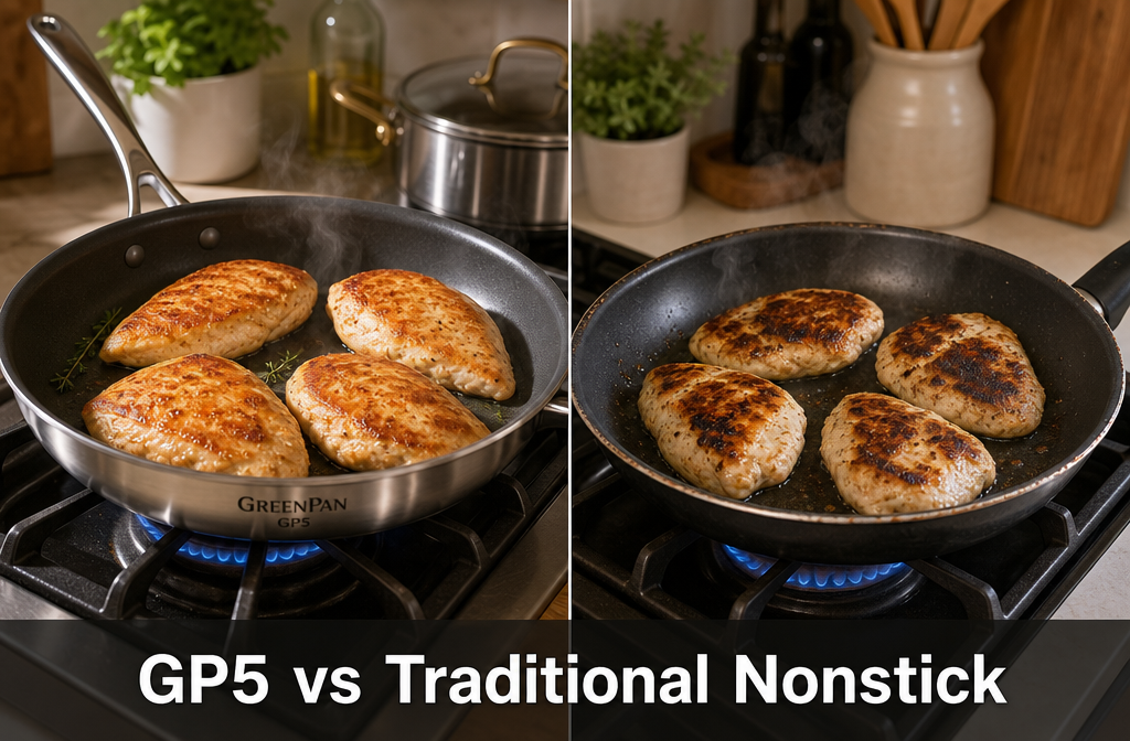 Landscape format (1536x1024) side-by-side comparison scene showing GreenPan GP5 cookware set on the left versus a generic traditional nonstick pan on the right, both on active gas stovetops with food cooking. Left side shows perfect even browning on chicken in the GP5 saute pan, right side shows uneven hot spots. Overhead lighting with slight steam rising. Text overlay at bottom reads 'GP5 vs Traditional Nonstick' in bold white sans-serif on semi-transparent dark bar. Professional food photography aesthetic, warm kitchen ambiance. How Does the GP5 Compare to Cuisinart or All-Clad Cookware Sets?
