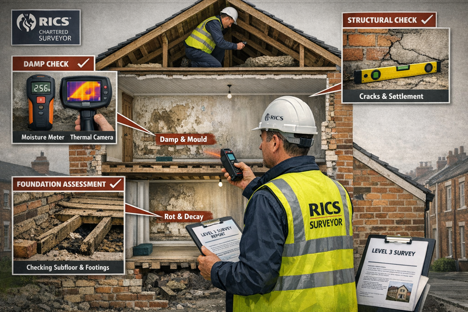 Detailed landscape format (1536x1024) illustration showing RICS surveyor conducting Level 3 Building Survey in traditional Northern Ireland