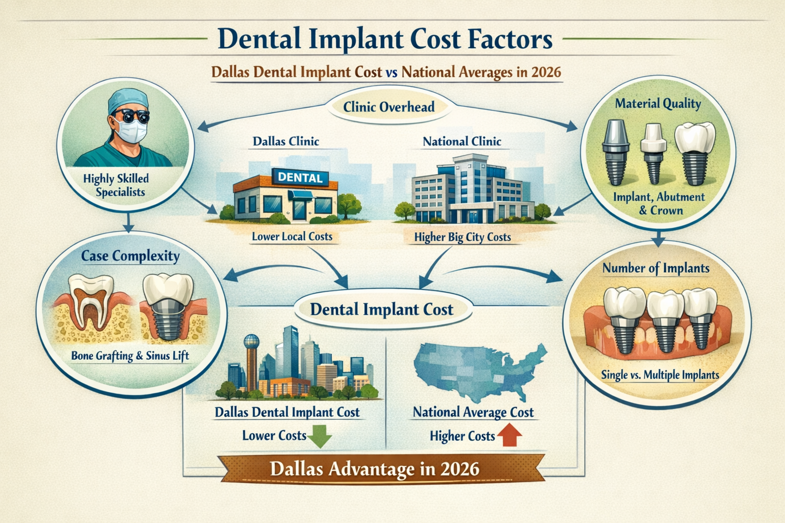 A detailed infographic in landscape format (1536x1024) illustrating the key factors influencing dental implant costs. Visual elements should