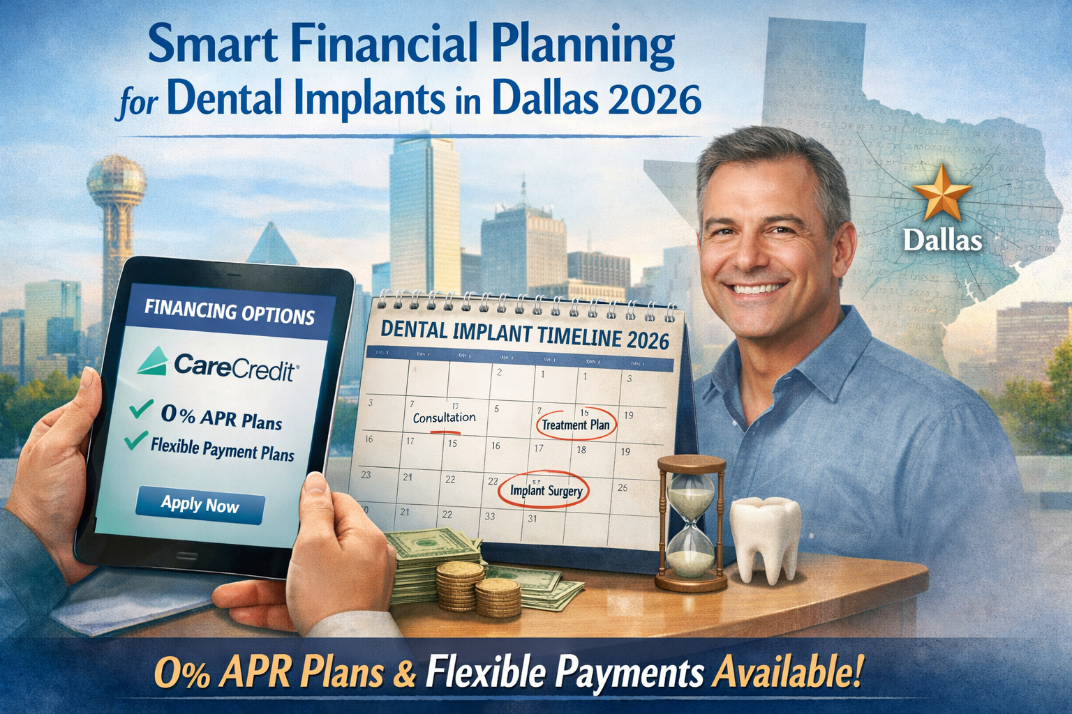 A conceptual landscape image (1536x1024) illustrating smart financial planning for dental implants in Dallas. This should include elements l