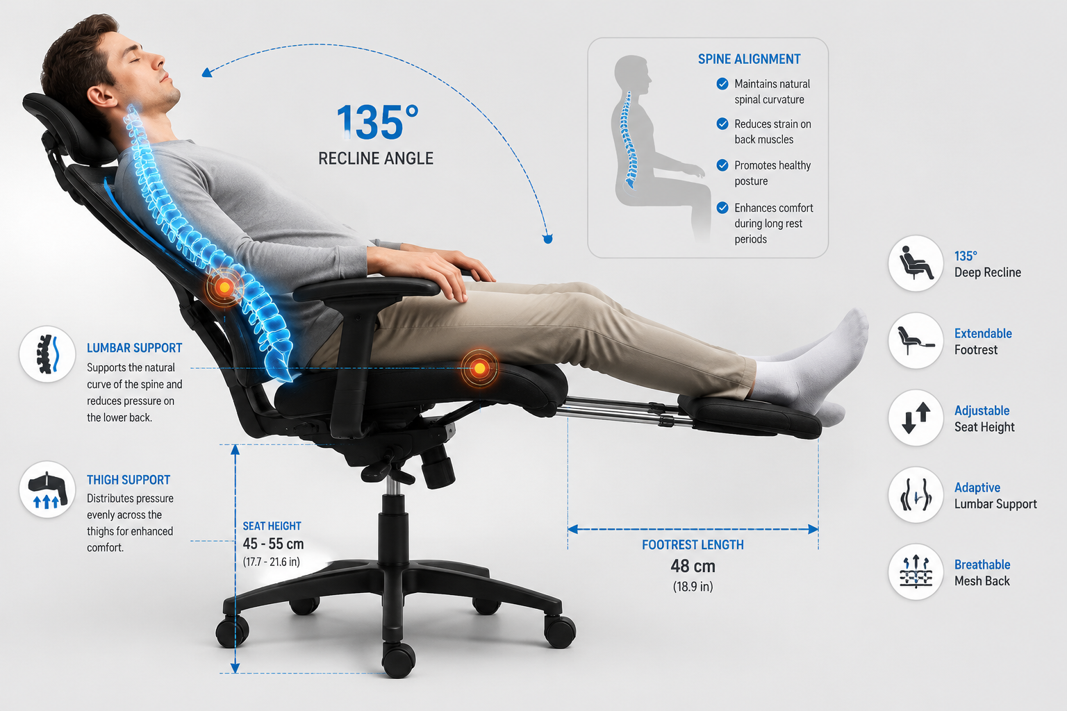 Best Reclining Office Chair With Footrest Detailed landscape format (1536x1024) showing a close-up ergonomic diagram of a person seated in a reclining office chair with footrest fully extended at 135-degree recline angle, illustrated spine alignment overlay in blue, pressure point indicators on lumbar and thigh areas, measurement annotations for seat height and footrest length. Clean medical-illustration style on light grey background, professional ergonomic infographic aesthetic.