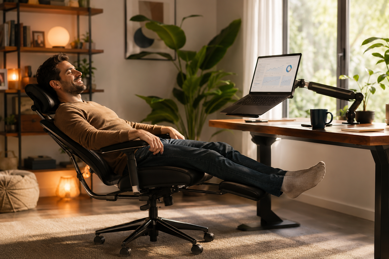 Reclining Office Chair With Footrest Detailed landscape format (1536x1024) showing a cozy modern home office corner with a person relaxing in a fully reclined executive office chair with footrest extended, laptop on a swivel arm, soft natural window light, indoor plants in background, coffee mug on desk. Warm lifestyle photography style, shallow depth of field, inviting and productive atmosphere, real-world usage scenario for reclining office chair with footrest.