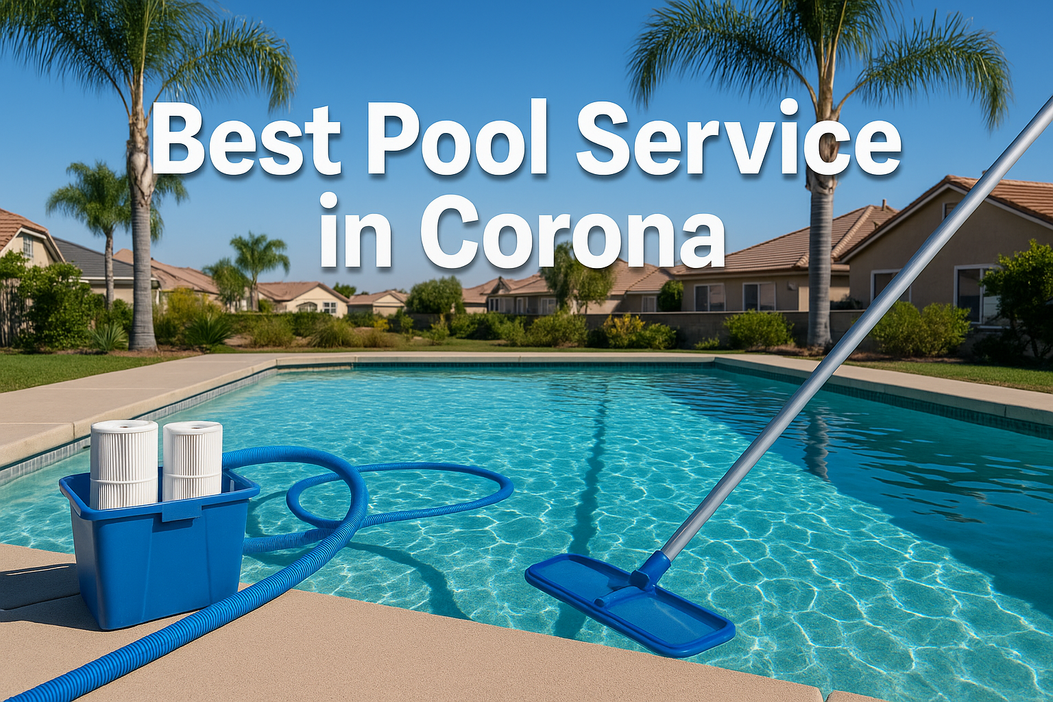 Professional landscape hero image (1536x1024) featuring bold text overlay 'Best Pool Service in Corona' in extra large 72pt white sans-serif