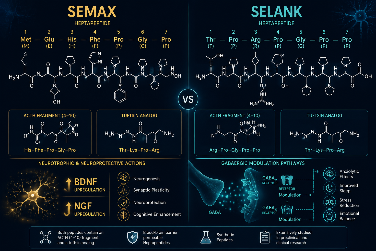 Detailed () scientific illustration showing a split-panel comparison of Semax and Selank molecular structures side by side,