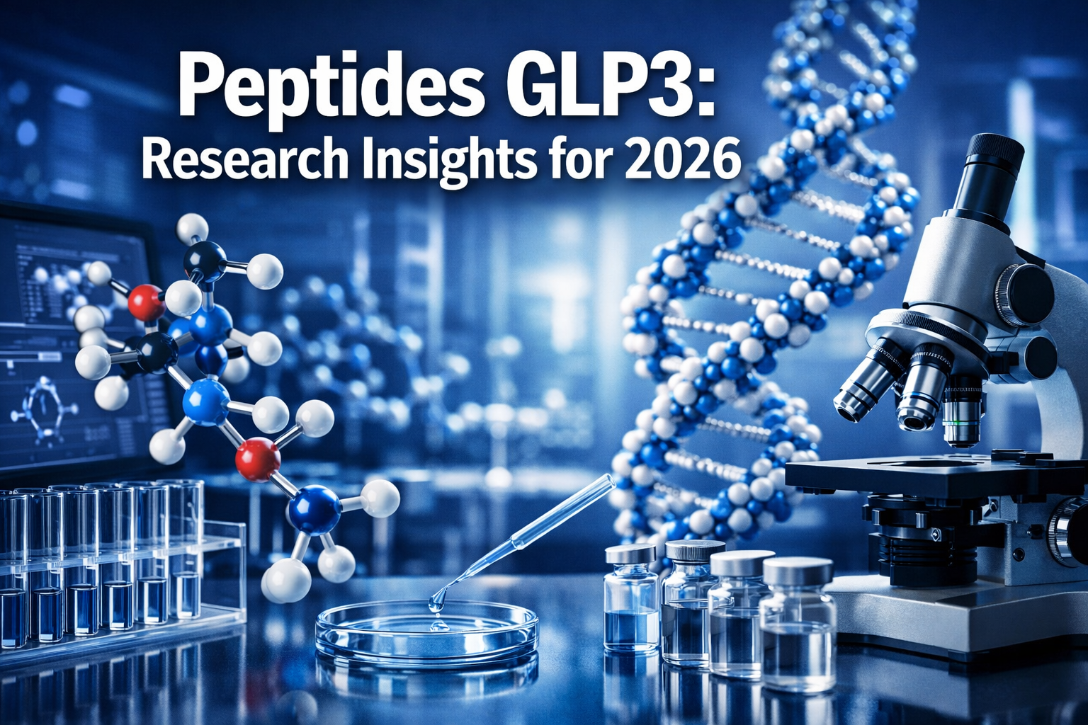 Professional landscape hero image (1536x1024) featuring bold text overlay 'Peptides GLP3: Research Insights for 2026' in extra large 72pt wh