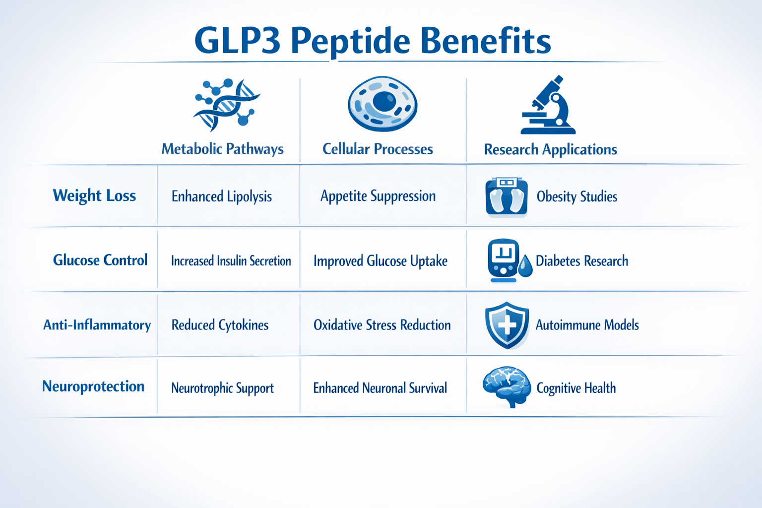 Professional research comparison chart displaying GLP3 peptide benefits in organized columns, with icons representing metabolic pathways, ce