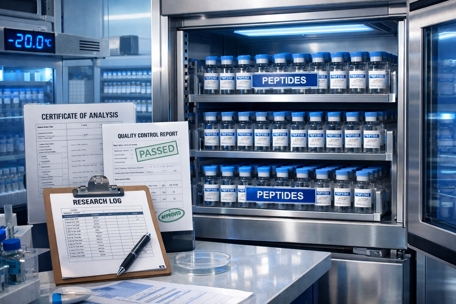 Modern laboratory storage facility showing properly labeled peptide vials in temperature-controlled environment, research documentation and 