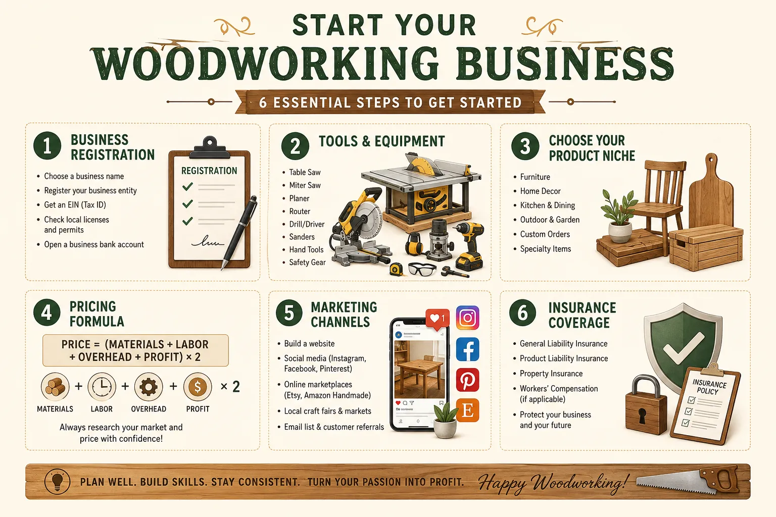 Infographic showing woodworking business startup checklist: business registration, tools list, product niche selection,